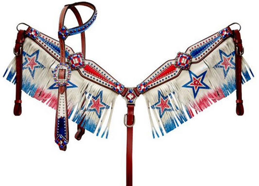 Showman Patriotic Star Fringe Headstall, Breast Collar, Reins Tack Set