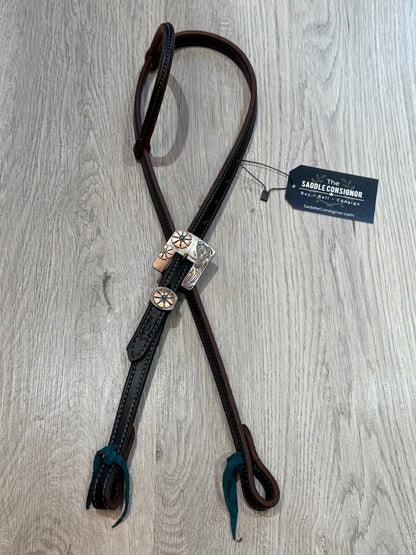 Square Turquoise Daisy Buckle One Ear Headstall Color Stitch– Premium Amish Leather by Spur Creek Tack