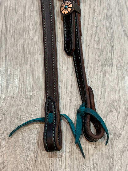 Square Turquoise Daisy Buckle One Ear Headstall Color Stitch– Premium Amish Leather by Spur Creek Tack