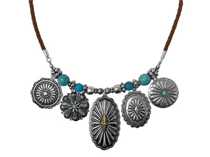 Western Style Concho Charms on Vegan Leather Braided Cord Necklace and Earrings Set