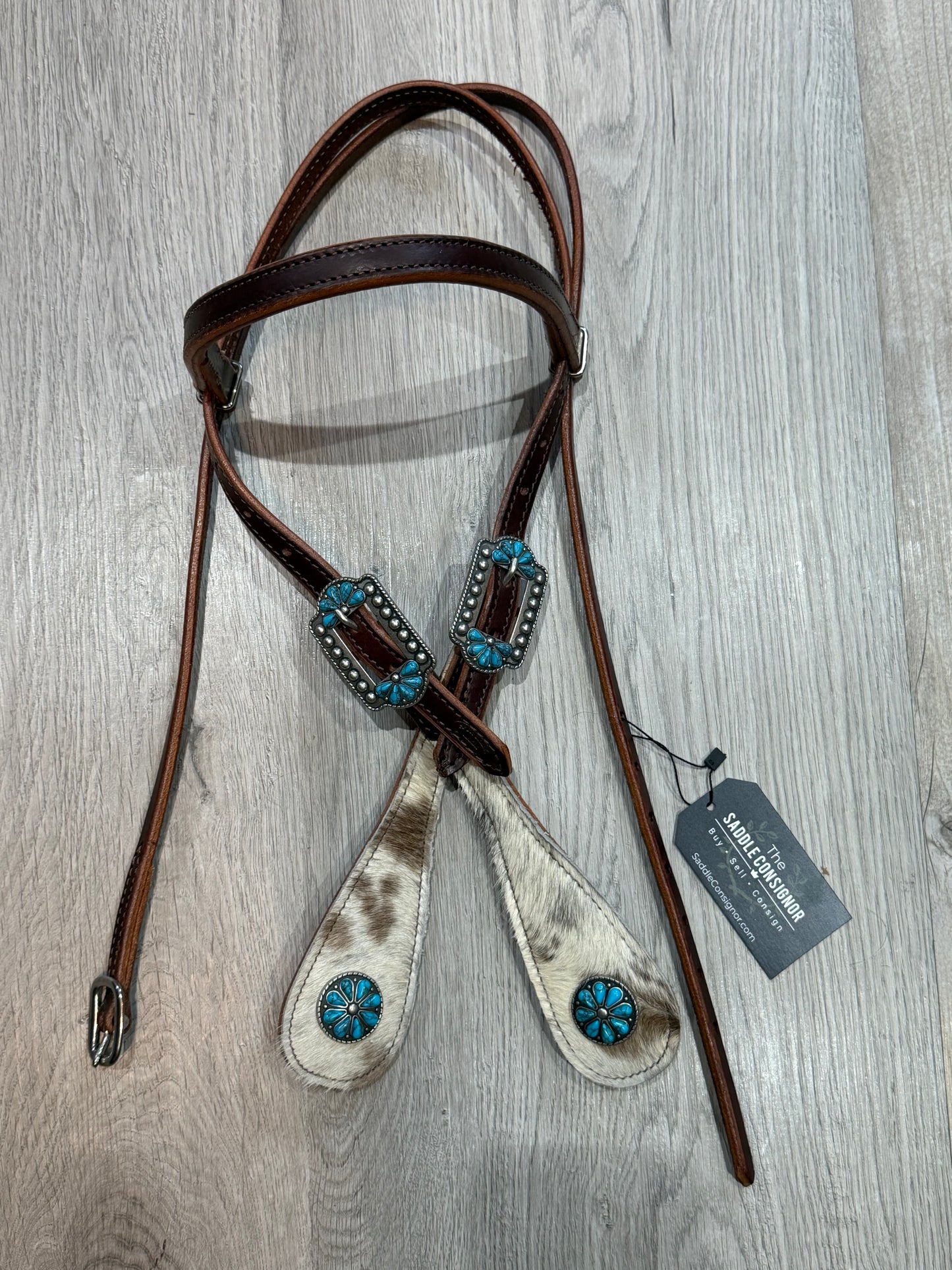 Turquoise Burst Cowhide Browband Headstall– Premium Amish Leather by Spur Creek Tack