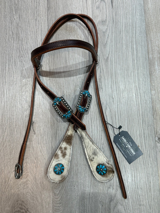 Turquoise Burst Cowhide Browband Headstall– Premium Amish Leather by Spur Creek Tack
