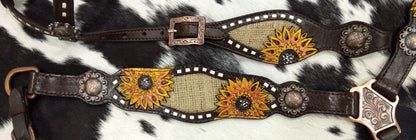 Showman One Ear Headstall & Breastcollar set with burlap inlay with painted sunflower accent