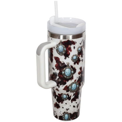 Western Cowhide Concho 40 oz. Stainless Steel Tumbler with Handle & Straw