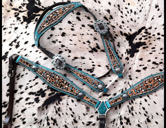 Showman Hair on Cheetah with Metallic Teal accent Browband Headstall and Breast Collar Tack Set