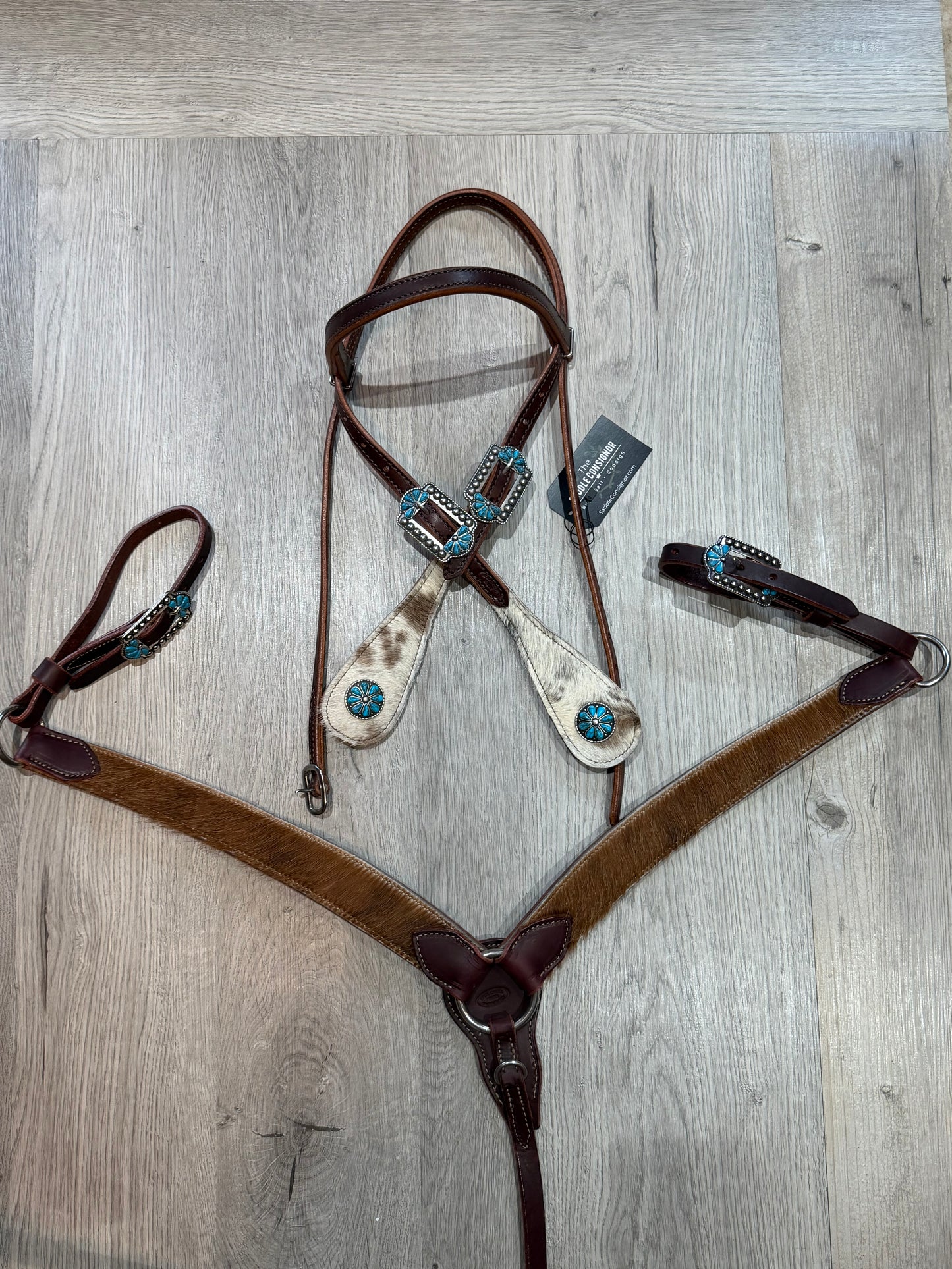 Turquoise Burst Cowhide Browband Headstall– Premium Amish Leather by Spur Creek Tack