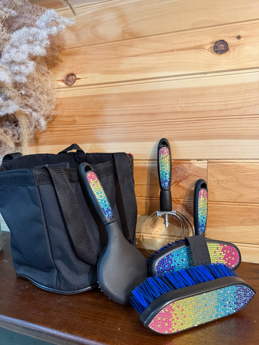 Multi colored crystal rhinestone 6-Piece Grooming Kit with Nylon Cordura Carrying Bag