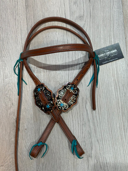 Scalloped Oval Turquoise Color Stitch Browband Headstall– Premium Amish Leather by Spur Creek Tack