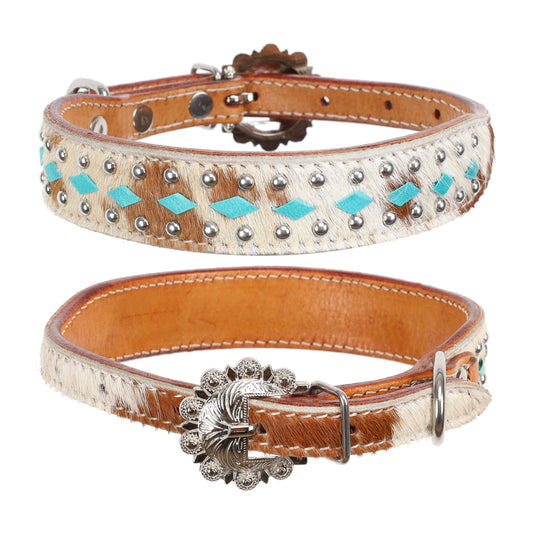 Cowhide Teal Buckstitch Dog Collar