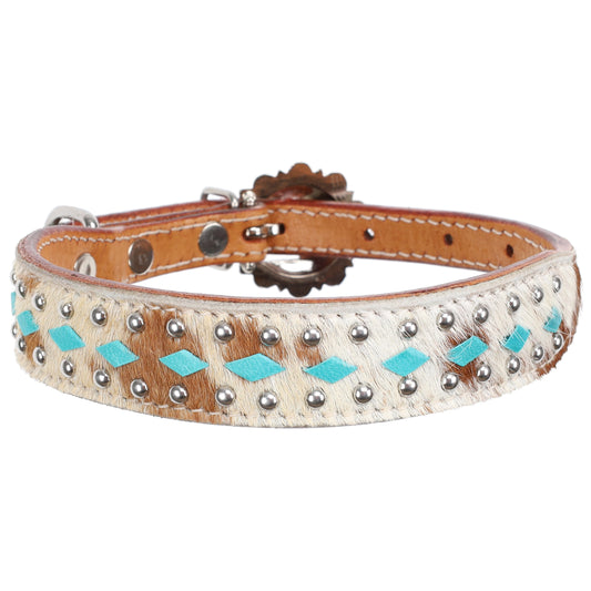 Cowhide Teal Buckstitch Dog Collar