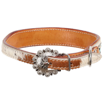 Cowhide Teal Buckstitch Dog Collar