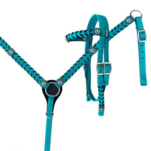 Showman Nylon headstall and breast collar set with stitched trim and crystal rhinestone conchos