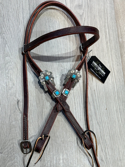 Turquoise Durango Pewter Browband Headstall– Premium Amish Leather by Spur Creek Tack