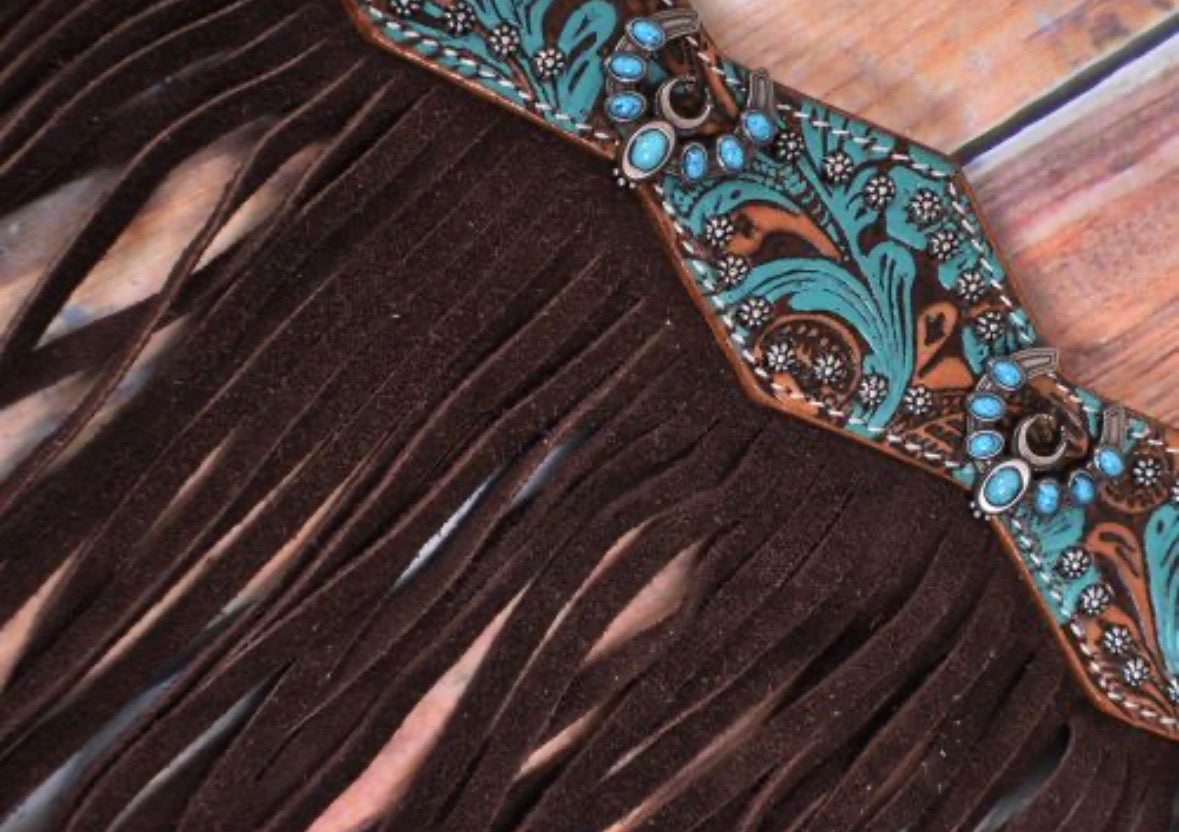 Showman Turquoise and Brown Floral Tooled browband headstall and breast collar tack set