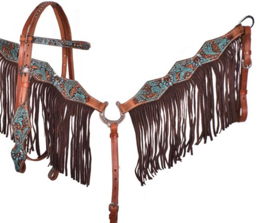 Showman Turquoise and Brown Floral Tooled browband headstall and breast collar tack set