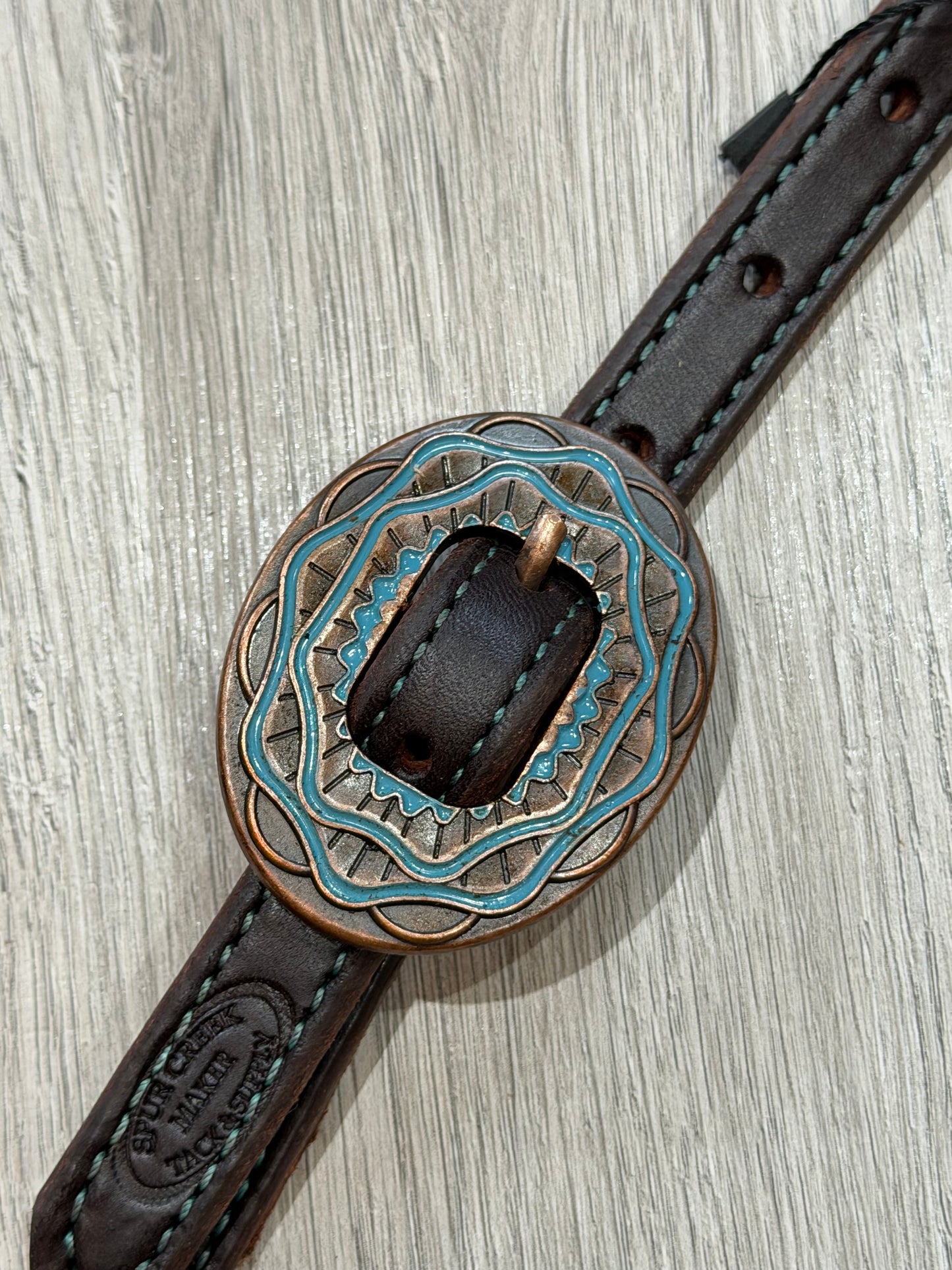 Aztec Oval Copper Turquoise Color Stitch One Ear Headstall– Premium Amish Leather by Spur Creek Tack
