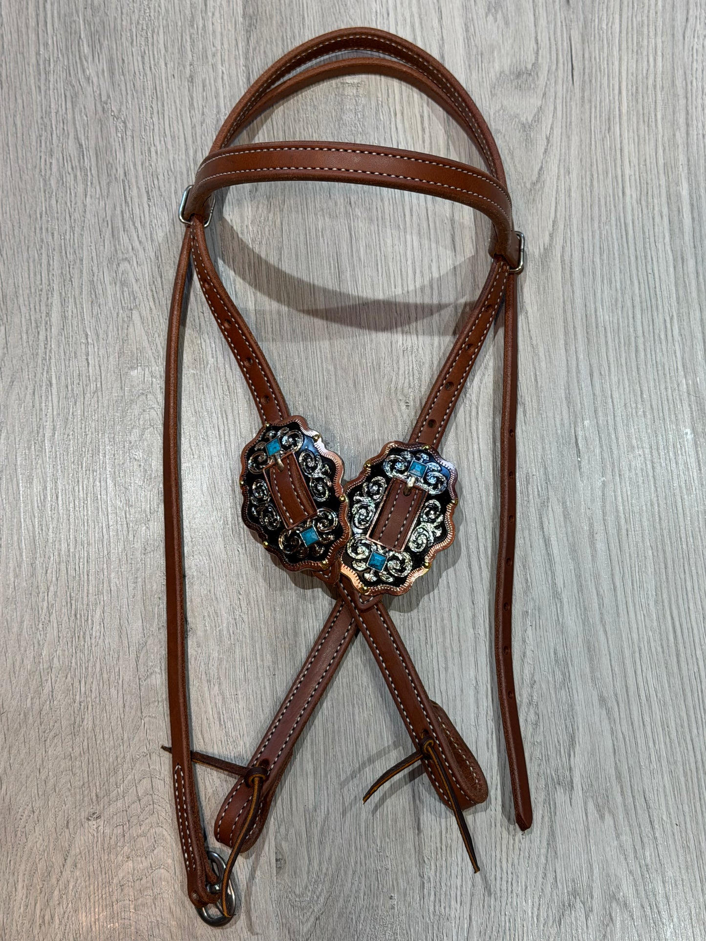 Scalloped Oval Turquoise Browband Headstall– Premium Amish Leather by Spur Creek Tack