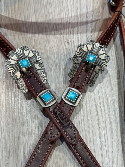 Turquoise Durango Pewter Browband Headstall– Premium Amish Leather by Spur Creek Tack