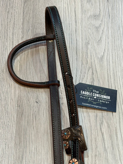 Square Turquoise Daisy Buckle One Ear Headstall Color Stitch– Premium Amish Leather by Spur Creek Tack