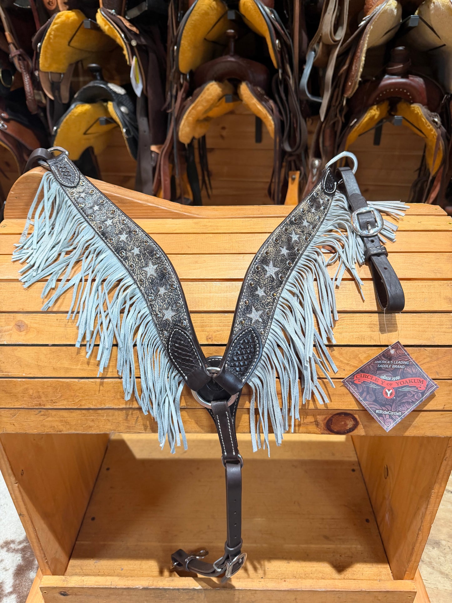 Circle Y Silver Star Fringe Dark Oil Breastcollar