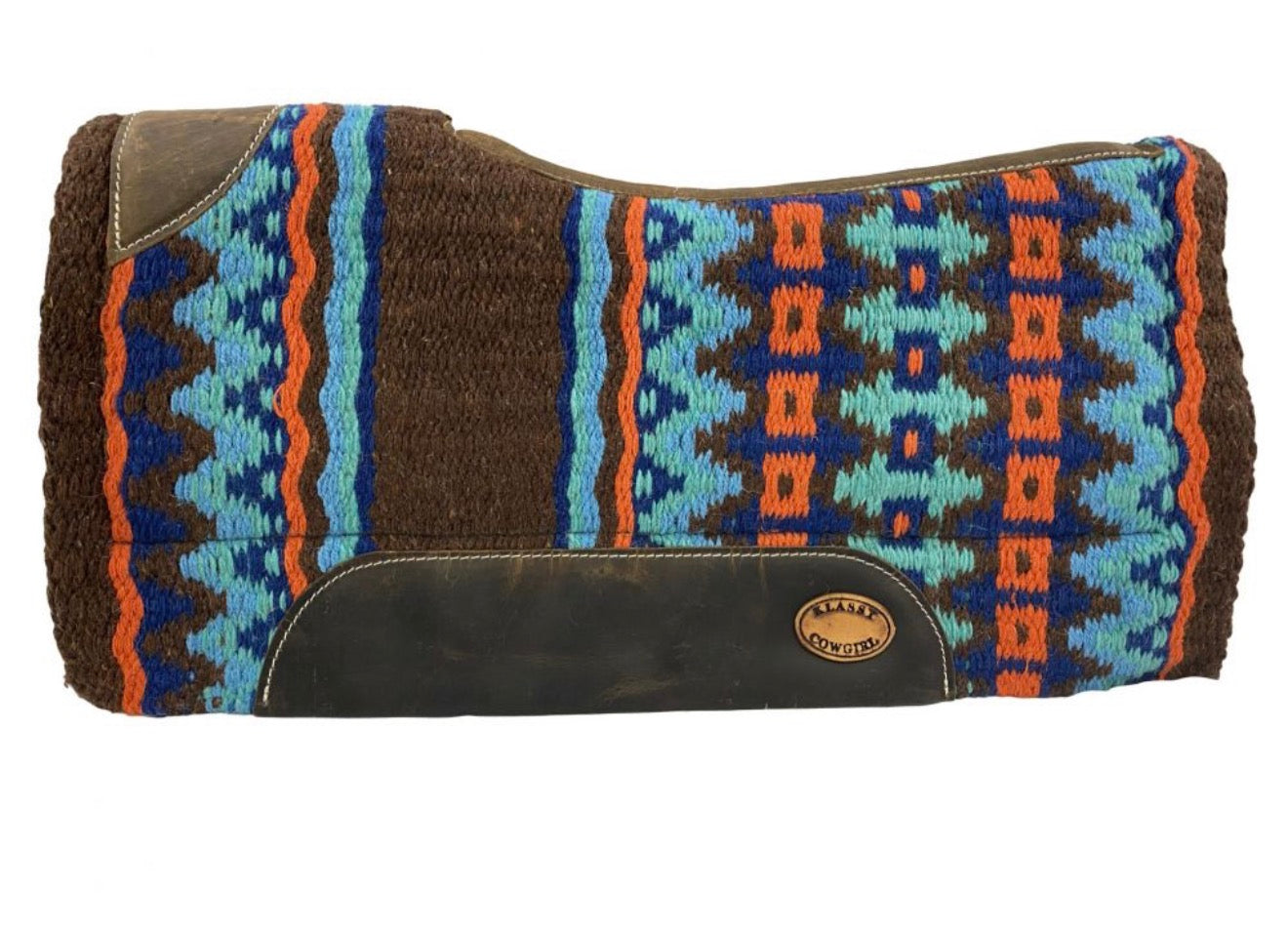Klassy Cowgirl 28x30 Barrel Style Brown and turquoise colored memory felt bottom saddle pad