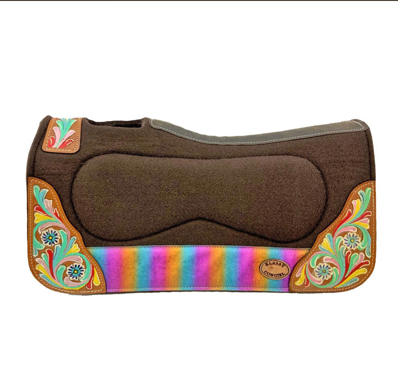 Klassy Cowgirl 28" x 30" x 1” Barrel Style Brown Felt Saddle Pad with Painted Floral Accent