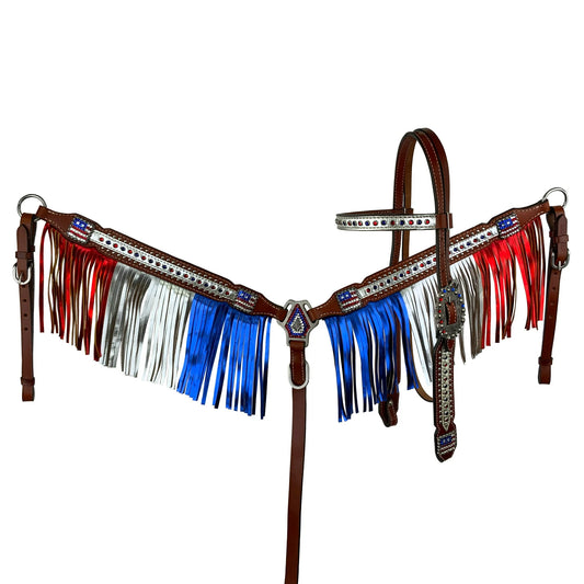 Showman Patriotic Metallic Fringe Headstall and Breastcollar Tack Set