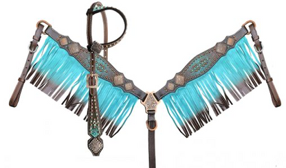 Teal/Brown Brown Ombre Fringe tooled leather One Ear Headstall and Breastcollar Tack set