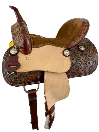 12" Double T suede seat barrel style Western saddle with floral tooling