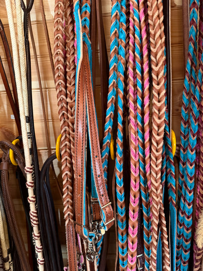 Braided Leather Quick Change Barrel Reins 7’- Burgundy - Choose Color