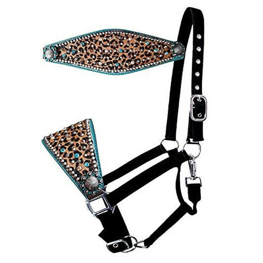 Showman Nylon bronc halter with hair on cheetah print and turquoise leather accent