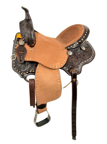 16" Barrel style western saddle with floral tooled seat Model AS2814