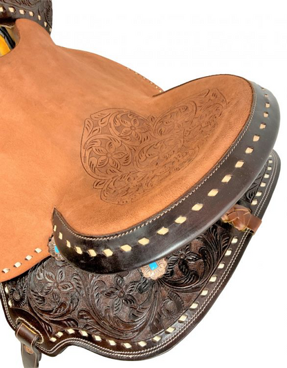 16" Barrel style western saddle with floral tooled seat Model AS2814