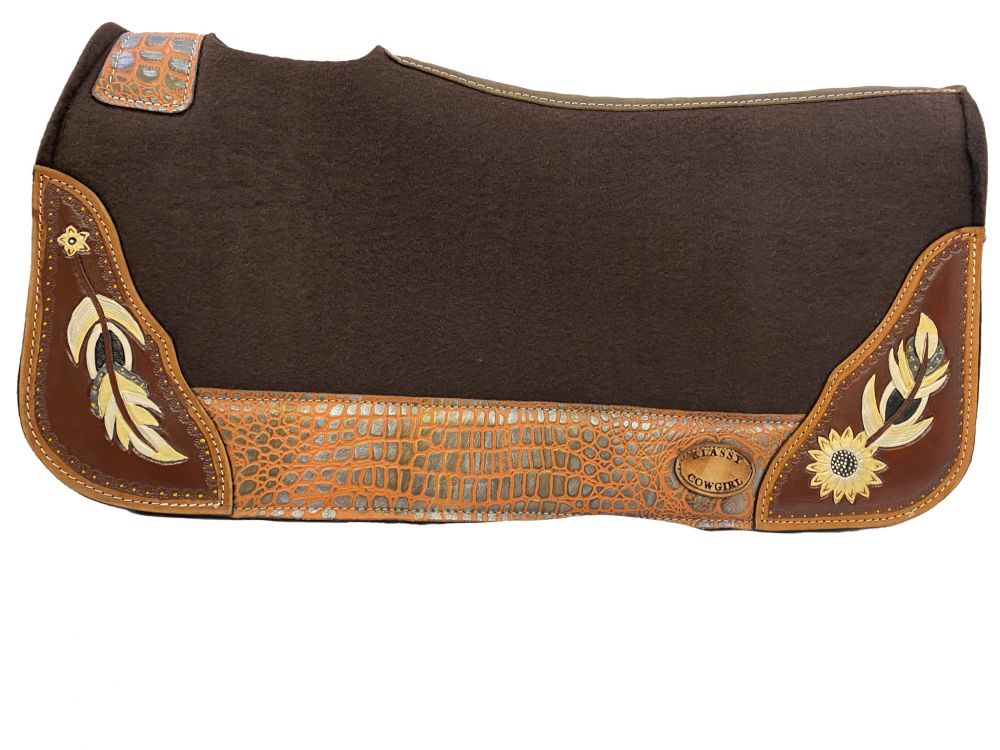 Klassy Cowgirl 28"x30"x1" Barrel Style Brown felt pad with antiqued white feather & sunflower design