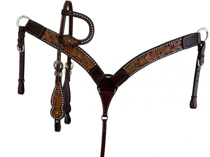 Dark Oil Buck stitch & Teal Inlay One Ear Headstall and Breastcollar Tack Set