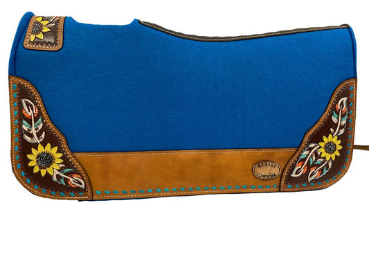 Klassy Cowgirl 28"x30"x1" Barrel Style blue felt pad with painted feather and sunflower accent and blue leather lacing