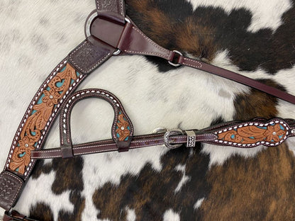 Dark Oil Buck stitch & Teal Inlay One Ear Headstall and Breastcollar Tack Set