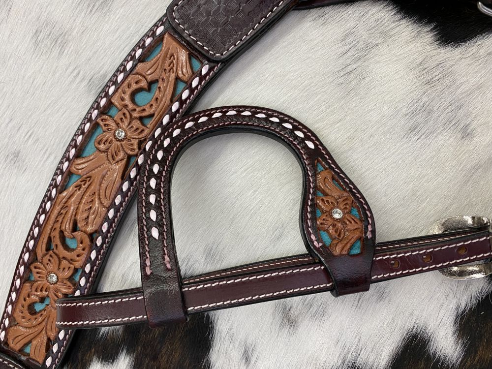 Dark Oil Buck stitch & Teal Inlay One Ear Headstall and Breastcollar Tack Set