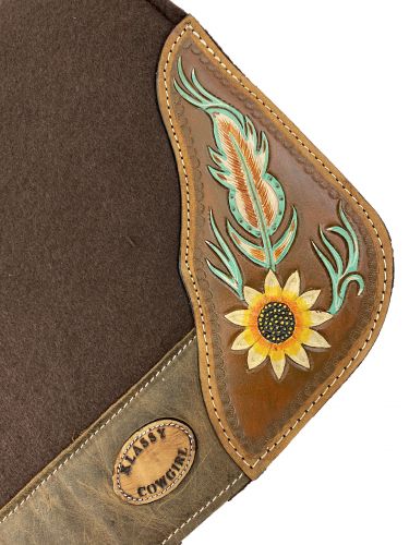 Klassy Cowgirl 28x30 Barrel Style 1" Brown felt pad with antiqued feather & sunflower design