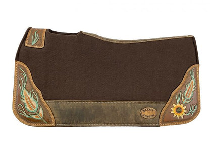 Klassy Cowgirl 28x30 Barrel Style 1" Brown felt pad with antiqued feather & sunflower design