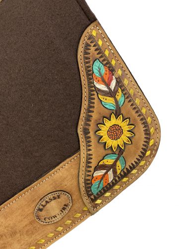 Klassy Cowgirl 28x30 Barrel Style 1" Brown felt pad with painted feather & sunflower design