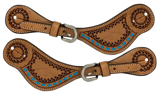 Teal Buck stitch Argentina Cow Leather Embossed Ladie's Spur Straps