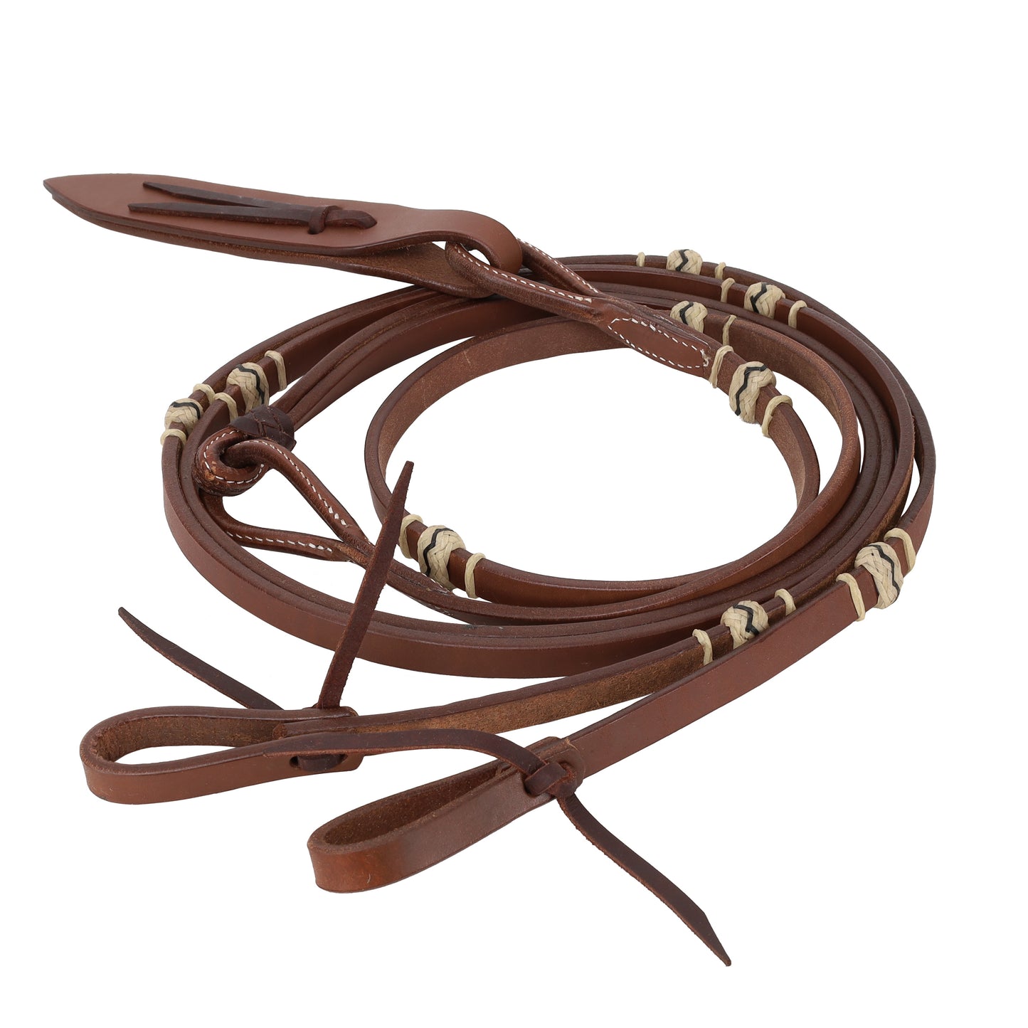 Showman 8' Flat Leather Romal Reins Rawhide Accent with Popper, Medium Oil