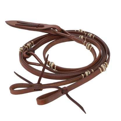Showman 8' Flat Leather Romal Reins Rawhide Accent with Popper, Medium Oil