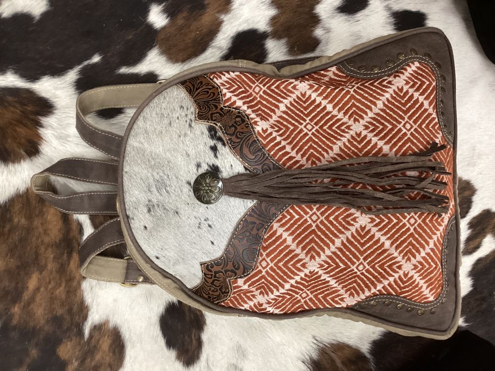 Klassy Cowgirl Terra and Rust Upcycled Backpack Bag 15 x 16 x 4 in