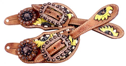 Ladies Hand painted sunflower spur straps with copper hardware