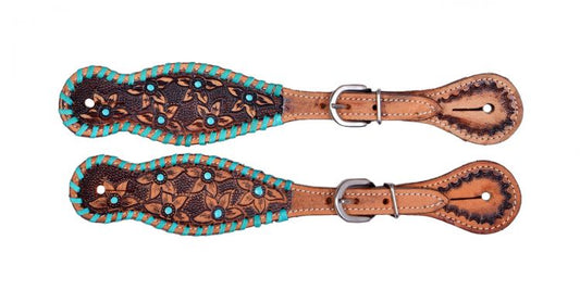 Teal Whipstitch Floral Tooled Ladie's Spur Straps