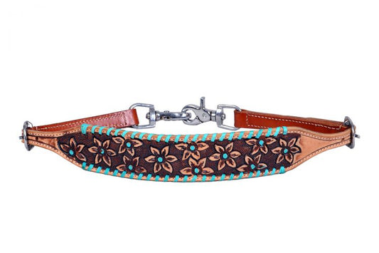 Teal Buckstitch Floral Tooled Leather Wither Strap
